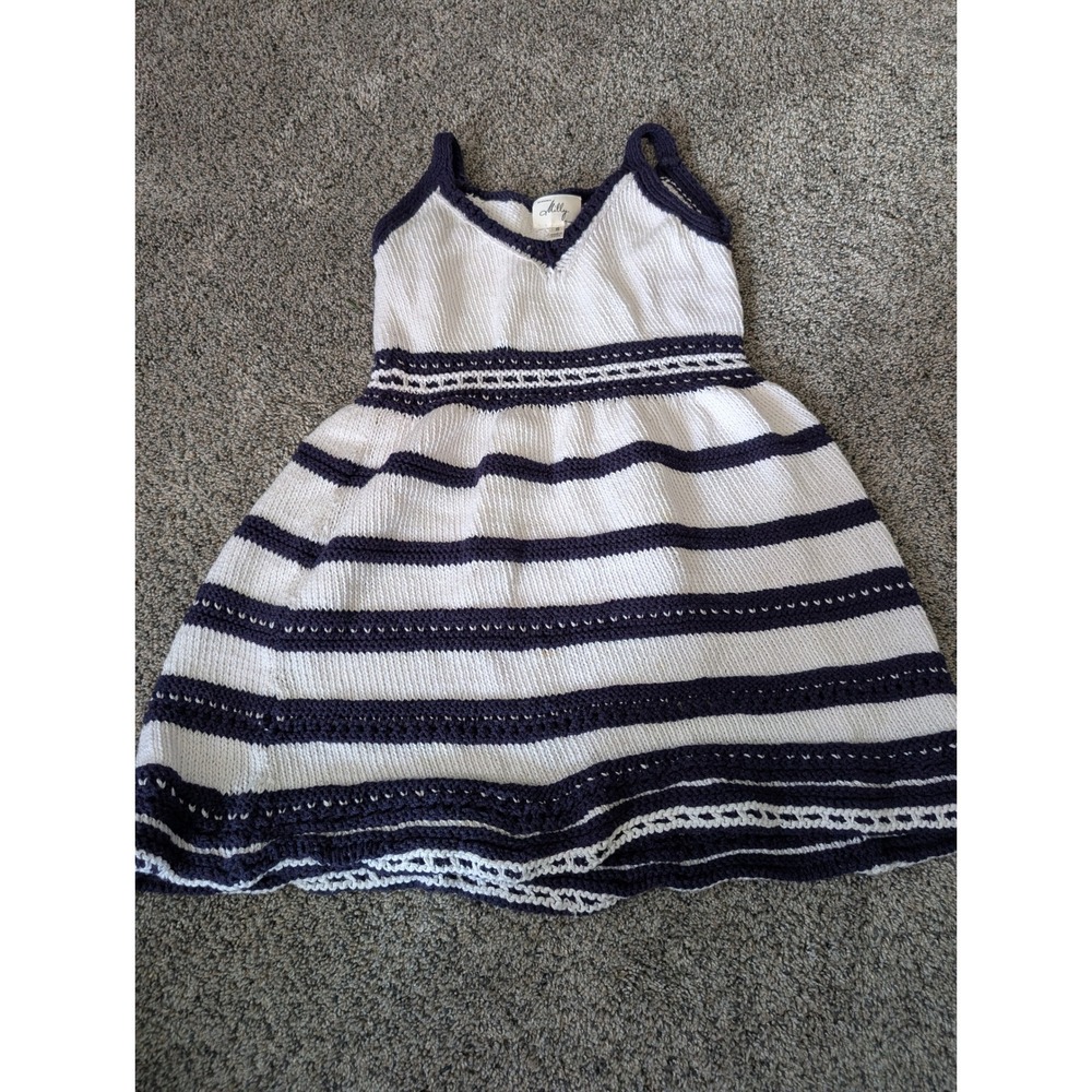 Milly‎ New York Womens Striped Knit Mini Dress Navy White V-Neck Crochet Size S